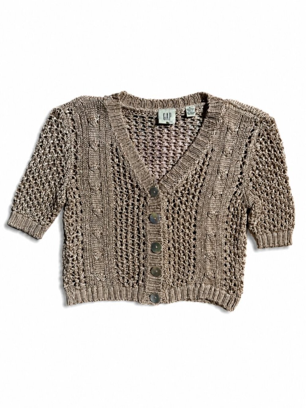 Vintage GAP Women Crochet Open Knit Short Sleeve Crop Cardigan Metallic Beige S - Picture 1 of 12